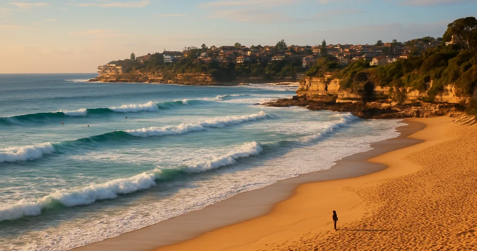 Golden sand and rolling waves meet sandstone headlands at a Sydney beach.
