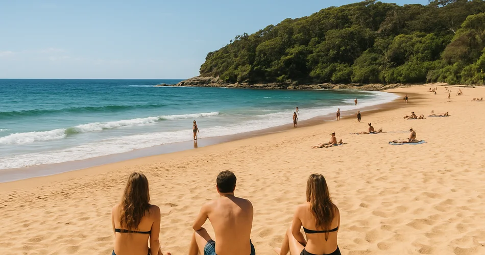 A broad sandy beach with gentle surf and a green coastal headland.