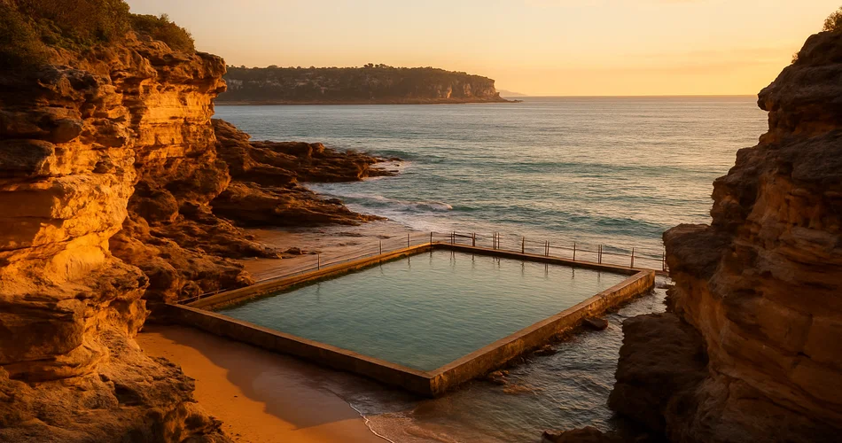 A quiet cove with sandstone cliffs and an ocean pool beside the shore.